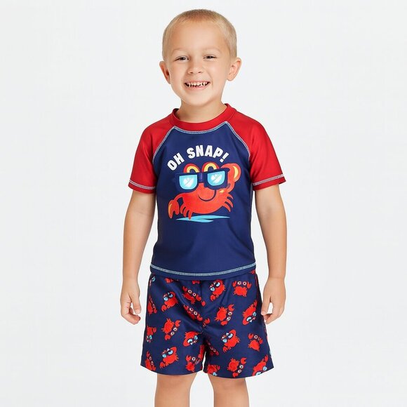 Quad Seven Rash Guard Swim Set Crab Print Red Blue SPF Protection Size 2T - Picture 1 of 5
